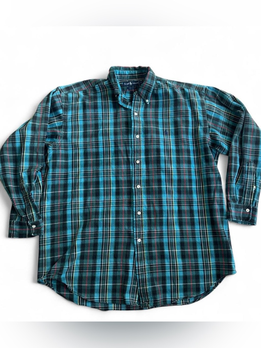 Vintage Ralph Lauren Teal and Black Plaid Button-Down Shirt